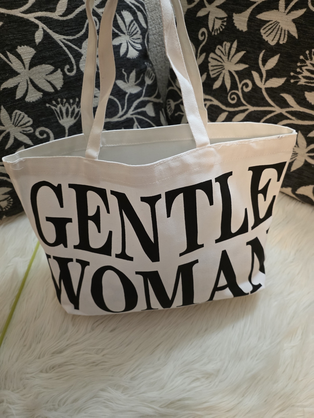 Gentle Woman White Canvas Tote Bag with Black Print